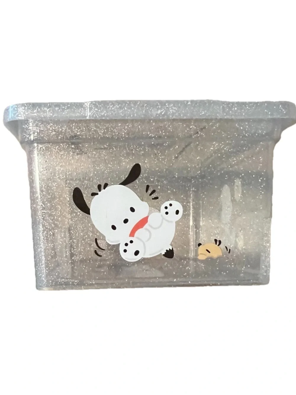Sanrio Pochacco Clear Glitter Storage Box with Yellow and Red Accents